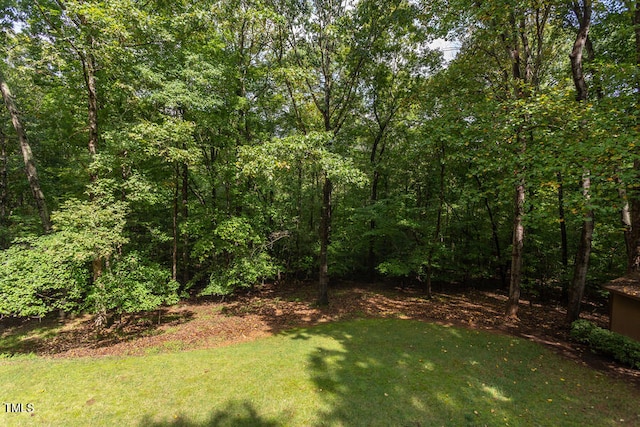 view of yard featuring a forest view