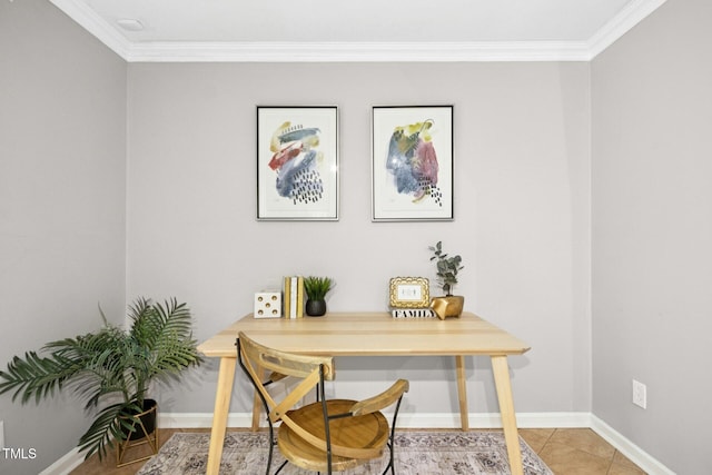 home office with light tile patterned floors, crown molding, and baseboards