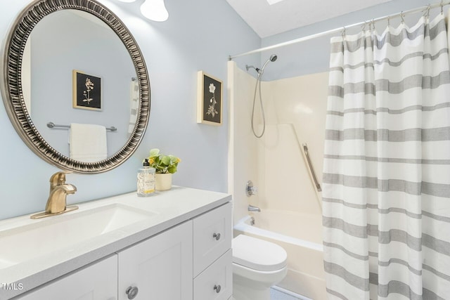 full bath featuring vanity, toilet, and shower / tub combo with curtain