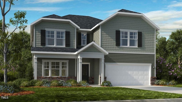 view of front of property with roof with shingles, an attached garage, concrete driveway, a front lawn, and stone siding