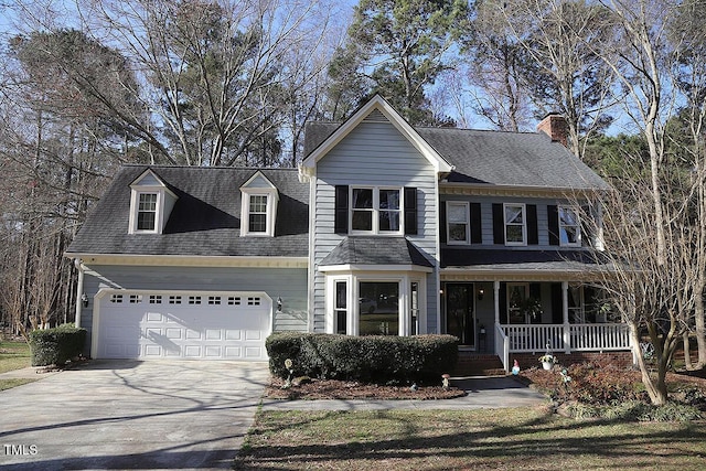 view of front facade featuring a garage, covered porch, concrete driveway, and a shingled roof