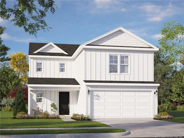 modern farmhouse featuring concrete driveway, an attached garage, board and batten siding, and a front lawn