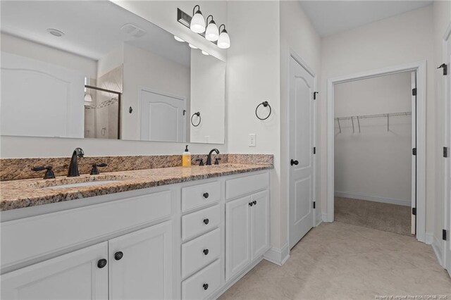 bathroom featuring a walk in closet, double vanity, a stall shower, and a sink