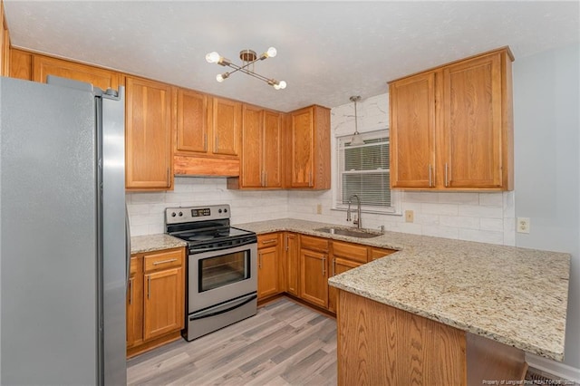 kitchen featuring backsplash, light wood-type flooring, appliances with stainless steel finishes, a peninsula, and a sink