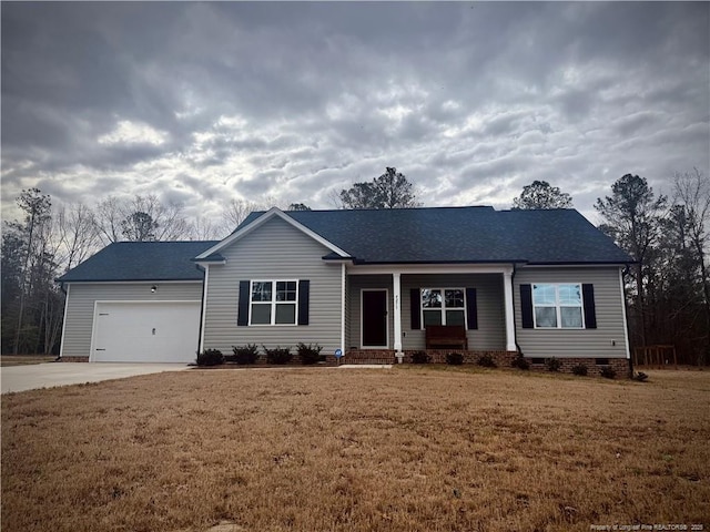 ranch-style home featuring a shingled roof, a front lawn, a garage, crawl space, and driveway