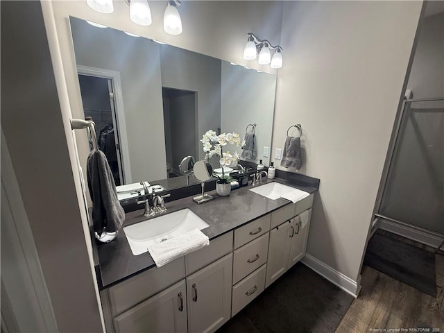 full bathroom featuring a sink, baseboards, a spacious closet, and double vanity