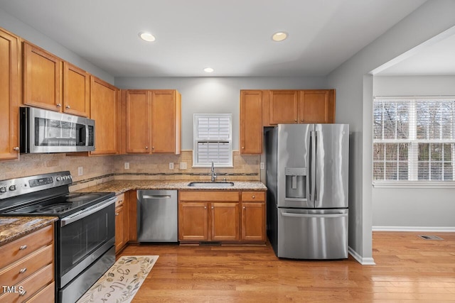 kitchen featuring a sink, decorative backsplash, light wood-type flooring, and appliances with stainless steel finishes