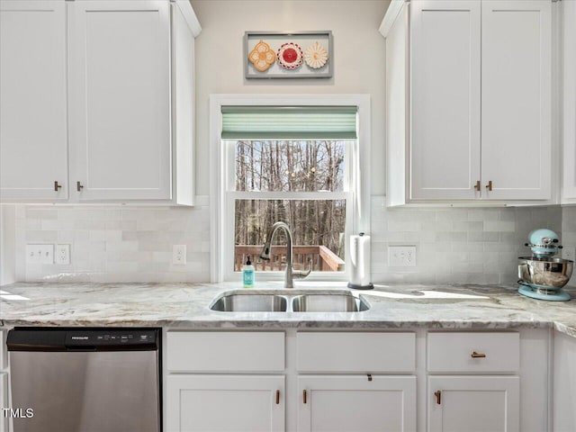 kitchen featuring white cabinets, dishwasher, and a sink