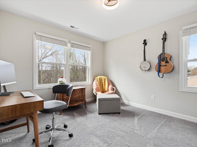 office space with carpet flooring, visible vents, and baseboards