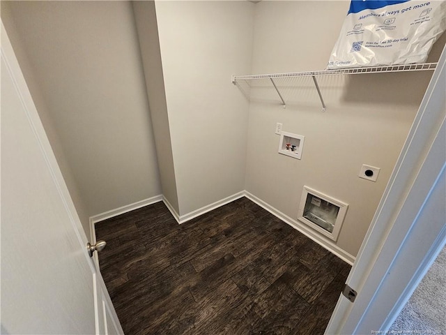 laundry area featuring hookup for a washing machine, heating unit, dark wood finished floors, laundry area, and electric dryer hookup