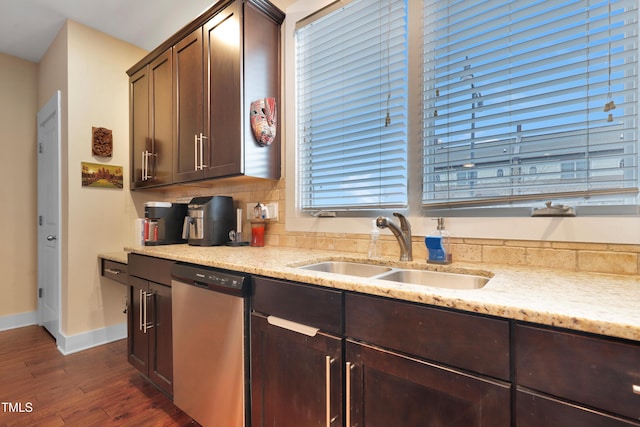 kitchen featuring a sink, stainless steel dishwasher, and dark brown cabinets