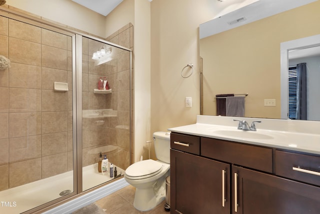 full bathroom with a shower stall, toilet, visible vents, and tile patterned floors