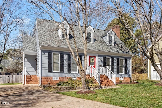 cape cod home with fence, a front yard, a shingled roof, crawl space, and a chimney