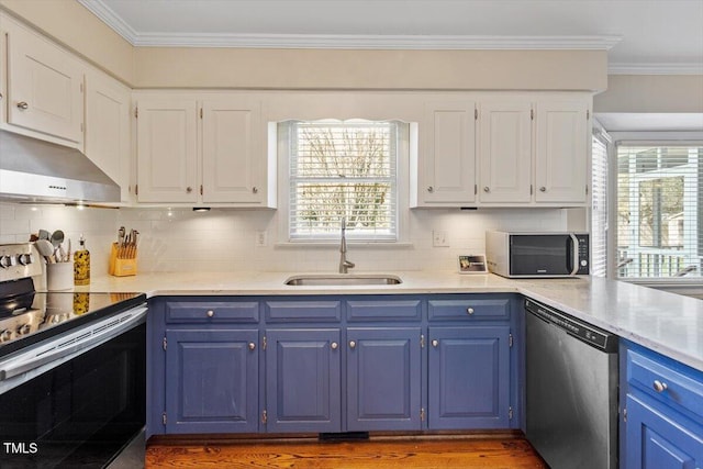 kitchen featuring under cabinet range hood, blue cabinetry, stainless steel appliances, and a sink