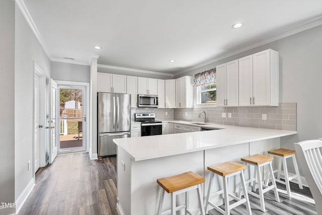 kitchen featuring a sink, appliances with stainless steel finishes, a peninsula, and light countertops