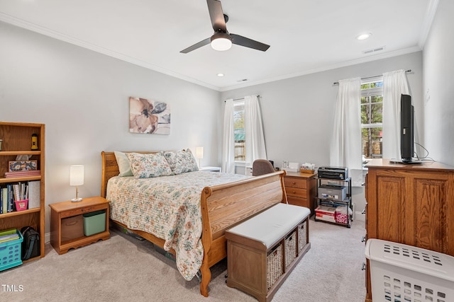 bedroom featuring visible vents, crown molding, light carpet, recessed lighting, and a ceiling fan