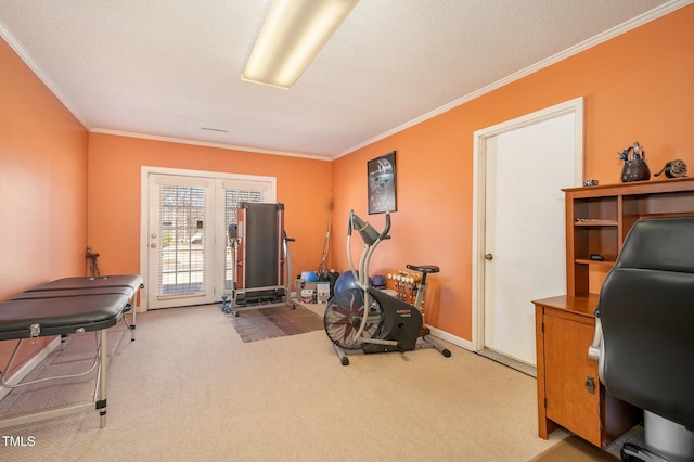 exercise area with light carpet and ornamental molding