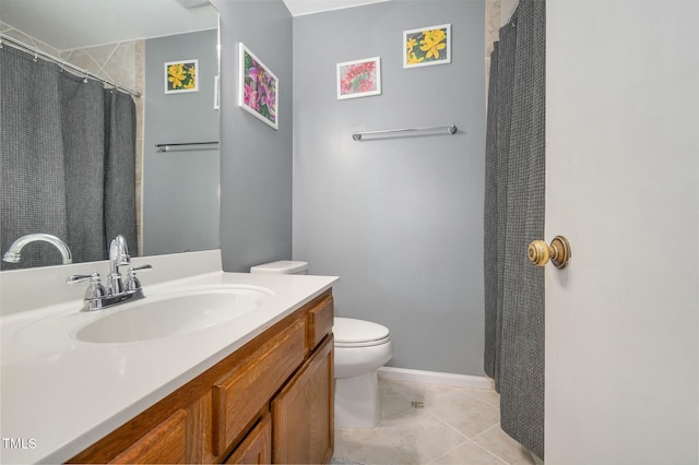 full bathroom with tile patterned flooring, baseboards, toilet, a shower with shower curtain, and vanity