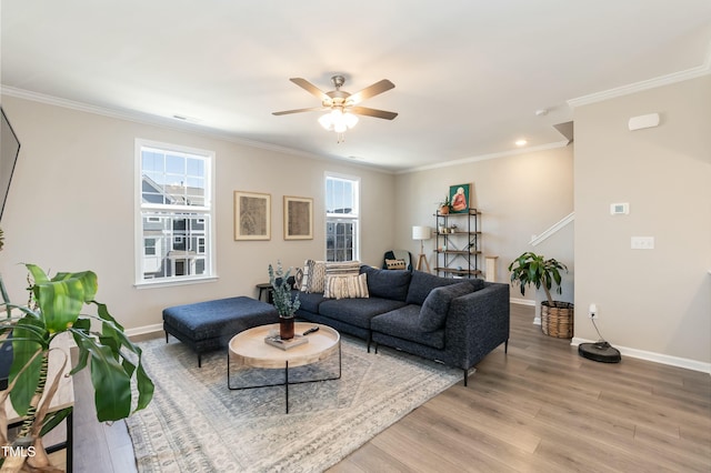 living area featuring light wood-type flooring, baseboards, and ornamental molding