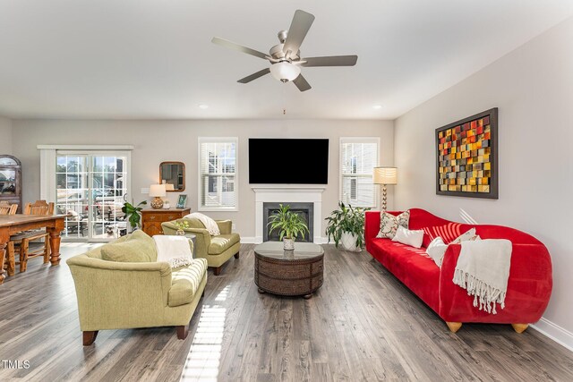 living room featuring plenty of natural light, baseboards, ceiling fan, and wood finished floors