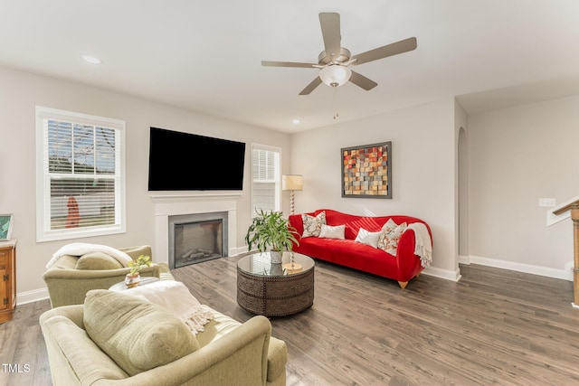 living room with wood finished floors, a fireplace, and ceiling fan