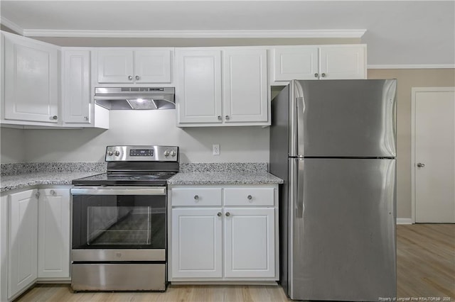 kitchen featuring under cabinet range hood, stainless steel appliances, light wood-type flooring, and white cabinets