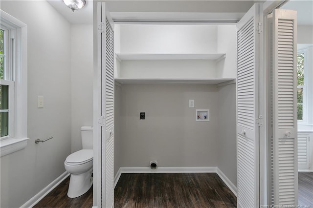 washroom featuring baseboards, laundry area, hookup for a washing machine, electric dryer hookup, and dark wood-style flooring