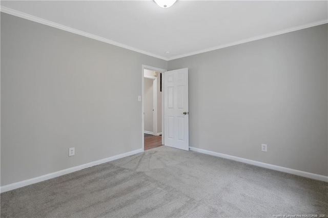 spare room featuring carpet flooring, baseboards, and crown molding