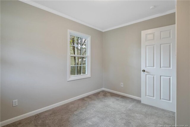 unfurnished room featuring carpet, baseboards, and ornamental molding