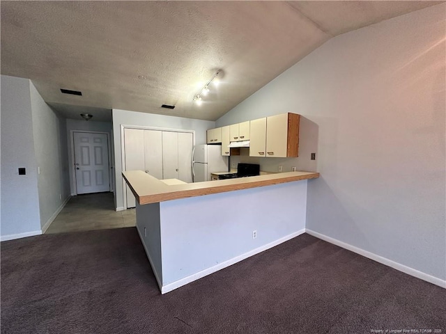 kitchen with dark colored carpet, black range with gas stovetop, under cabinet range hood, and freestanding refrigerator