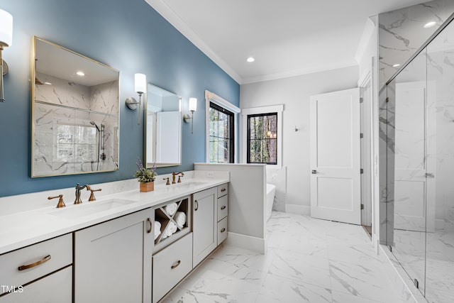 full bathroom with a marble finish shower, ornamental molding, marble finish floor, and a sink