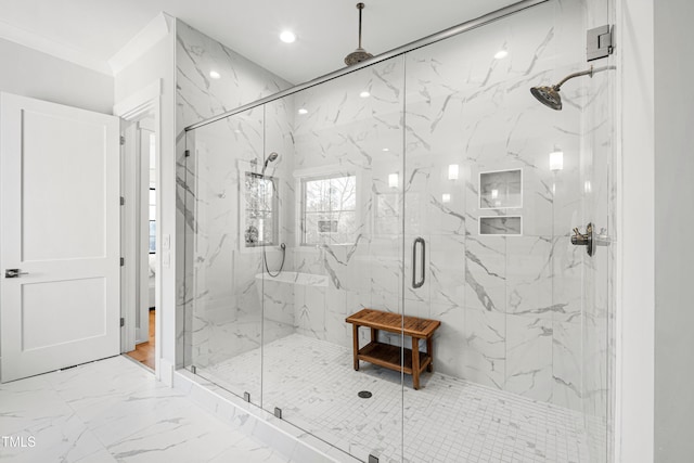 full bath with recessed lighting, a marble finish shower, marble finish floor, and ornamental molding