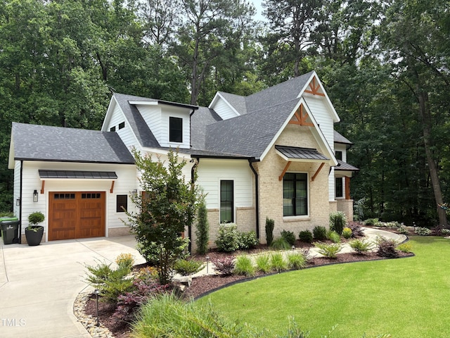 6816 Rainwater Rd, Raleigh, NC 27615 - modern farmhouse with driveway, roof with shingles, a garage, and a front yard