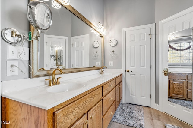 full bathroom featuring double vanity, wood finished floors, and a sink