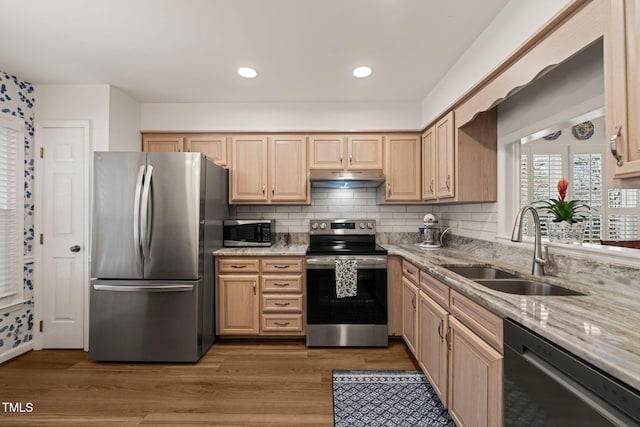 kitchen with a sink, stainless steel appliances, under cabinet range hood, and wood finished floors