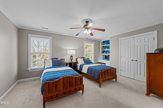 bedroom featuring visible vents, light colored carpet, crown molding, and baseboards