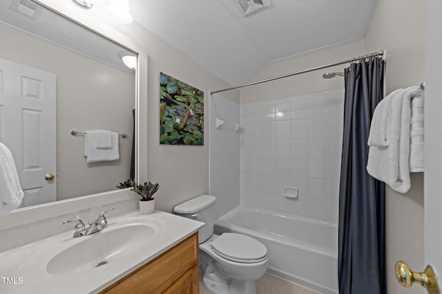 full bathroom with visible vents, toilet, shower / bath combo, and vanity