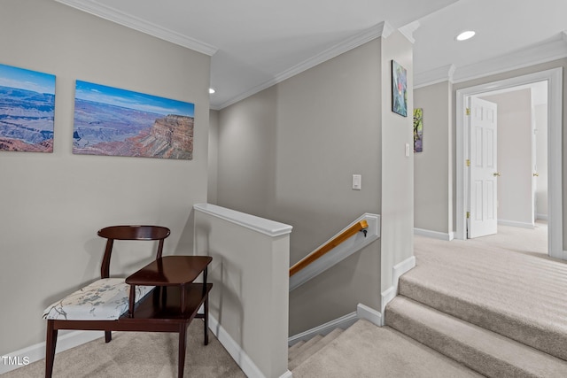 staircase featuring carpet flooring, recessed lighting, baseboards, and ornamental molding