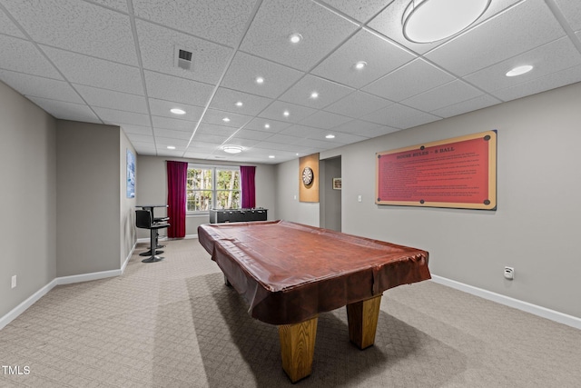 recreation room with recessed lighting, baseboards, and light carpet