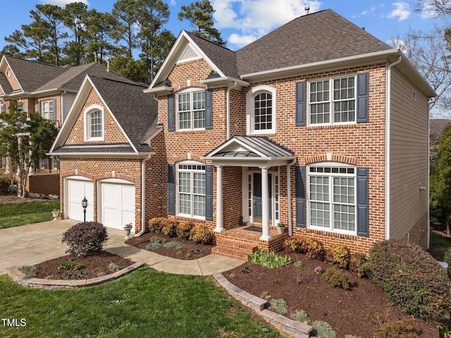 view of front facade featuring an attached garage, brick siding, driveway, and a shingled roof