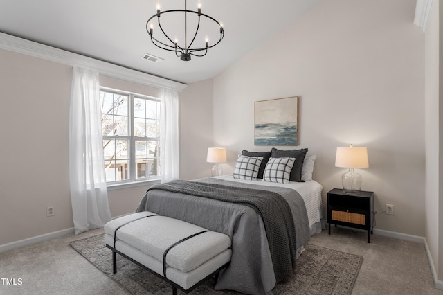 carpeted bedroom featuring a notable chandelier, visible vents, baseboards, and lofted ceiling