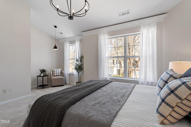 bedroom featuring visible vents, a notable chandelier, carpet, crown molding, and baseboards