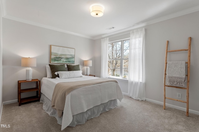 bedroom featuring visible vents, light carpet, baseboards, and ornamental molding