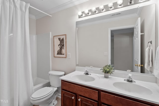 bathroom with a sink, visible vents, toilet, and crown molding