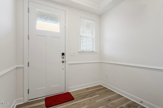 entrance foyer with baseboards and wood finished floors