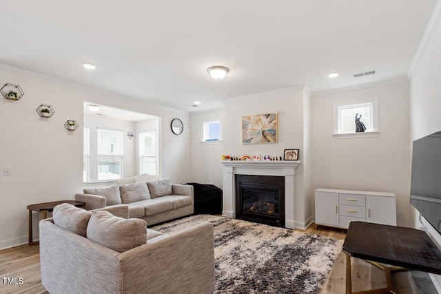 living room with crown molding, a wealth of natural light, visible vents, and light wood finished floors