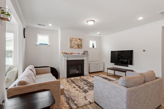 living area featuring light wood finished floors, visible vents, crown molding, and a glass covered fireplace