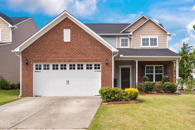 traditional-style house with concrete driveway, a front yard, a shingled roof, a garage, and brick siding