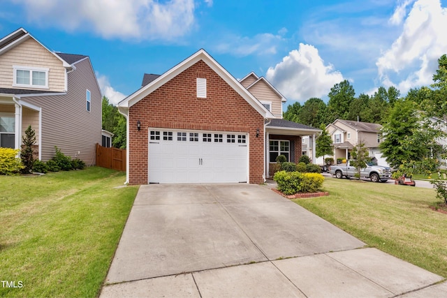 traditional home with fence, an attached garage, a front lawn, concrete driveway, and brick siding