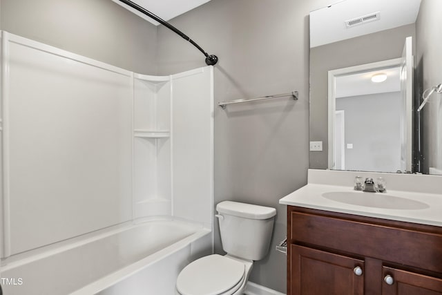 full bathroom with vanity, toilet, visible vents, and shower / washtub combination